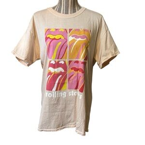 Rolling Stones Tee Medium Cream Short Sleeve with Pink & Yellow Pop Art Tongues